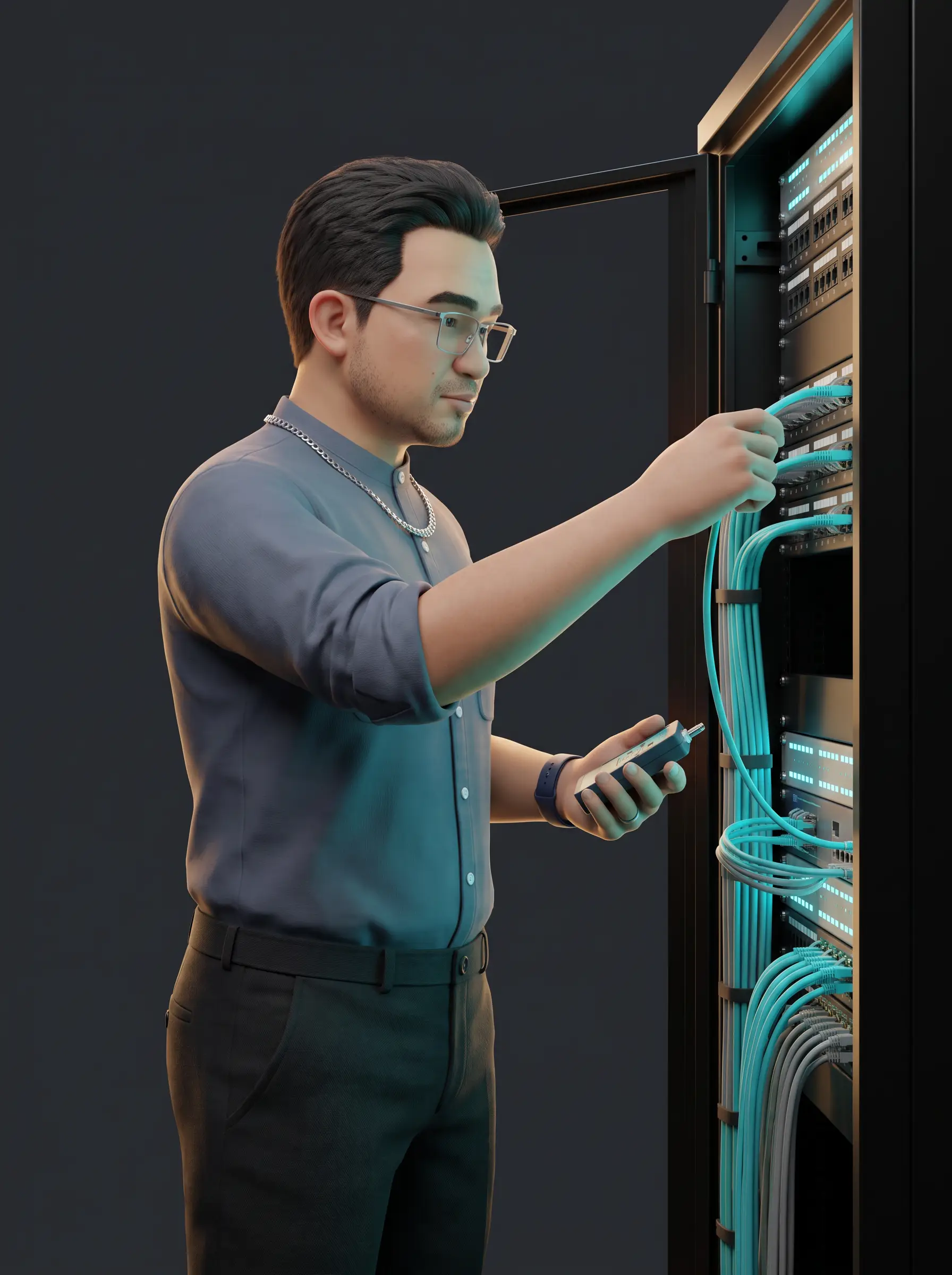 Stylized three-dimensional render of James Mark Lapido working at an open server rack.