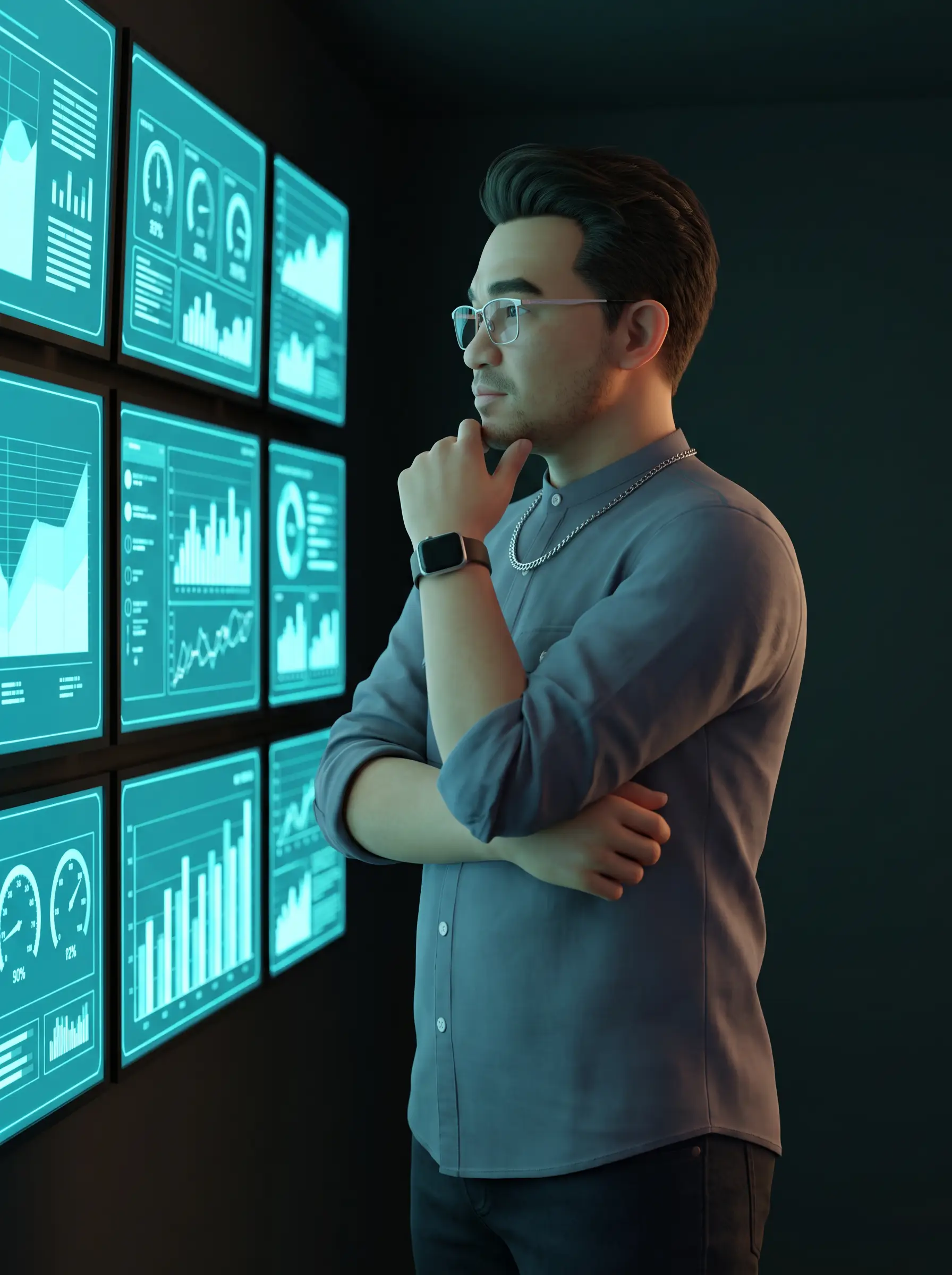 Stylized three-dimensional render of James Mark Lapido reviewing a wall of monitoring dashboards.